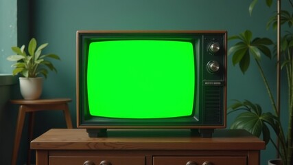 old retro tv with green screen stands in the room of the house