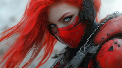 A futuristic character with red hair and a masked face, wearing a high-tech suit.