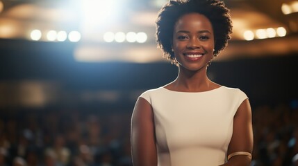 Confident african descent female politician in professional setting for leadership and diversity themes