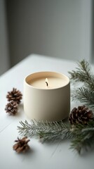 Christmas candle with pine sprig on white background for holiday decor and festive ambiance