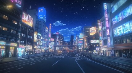 Obraz premium Vibrant cityscape with neon lights and bustling streets for an anime background
