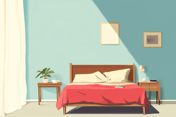 A bedroom with a red comforter on a bed and a plant on a table. The room is bright and inviting, with a sense of warmth and comfort