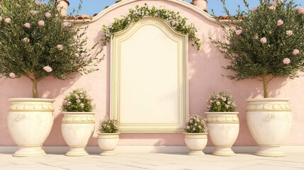 Fototapeta premium Pink Wall With Ornate Frame and Flower Pots