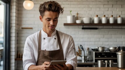 Chef Using Digital Tablet in Restaurant Kitchen: Modern Culinary Management