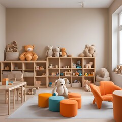 Minimalist Children’s Room with Wooden Bookcase, Orange Armchair, and Plush Toys in Cozy, Natural Light

