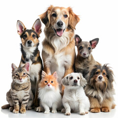 Obraz premium A cheerful gathering of various pets posing together in front of a white background.