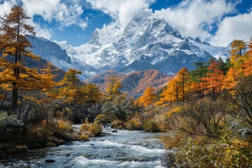 Autumn Landscape Featuring a Rushing River Amidst Golden Trees and Majestic Snow-Capped Mountains Under a Bright Blue Sky