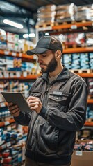 Obraz premium Man in cap using tablet in warehouse