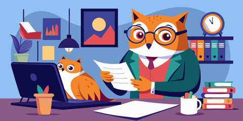 Obraz premium Owl wearing glasses, perched on desk, reading financial reports, analyzing business data. Wise owl with glasses, studying market trends, professional workspace setting.