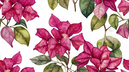 watercolor botanical illustration of pink Bougainvillea arranged in a seamless, repeating pattern. Spring and summer Mediterranean floral garden concept. 