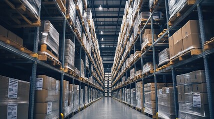 Warehouse interior with rows of shelves filled with boxes.