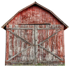 Naklejka premium Old red barn with weathered wooden doors and rustic charm, showcasing vintage agricultural aesthetic. peeling paint adds character to this rural structure