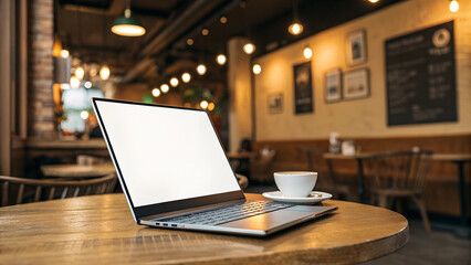 Laptop with blank screen and coffee cup on wooden table in cozy cafe with warm lighting