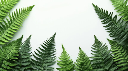 Obraz premium Green fern leaves arranged in a circular pattern on a light background with ample negative space in the center, creating a natural and symmetrical design.