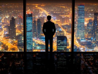 Fototapeta premium A silhouette of a leader in front of a large window, overlooking a cityscape, high contrast, sharp edges, focus on leadership and vision