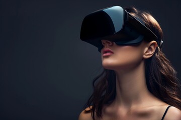 A Woman Experiences Virtual Reality Using Advanced Headset Technology in a Dimly Lit Room With a Focus on Immersion and Engagement