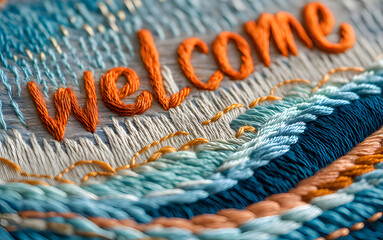 a close up of a colorful knitted mat with a welcome. Generative AI
