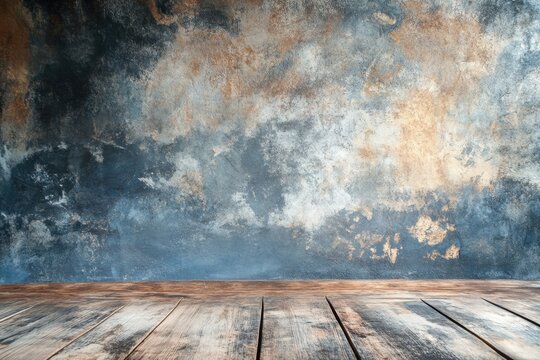 Rustic wooden floor with blue textured wall background.