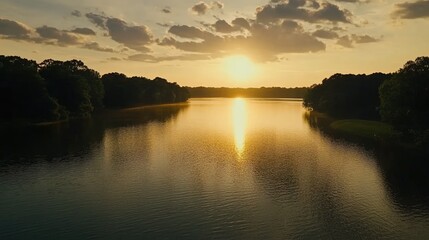 Obraz premium Serene Sunset Over a Calm Lake Surrounded by Lush Greenery, Golden Reflections on Water create a Peaceful Nature Scene Ideal for Relaxation and Inspiration