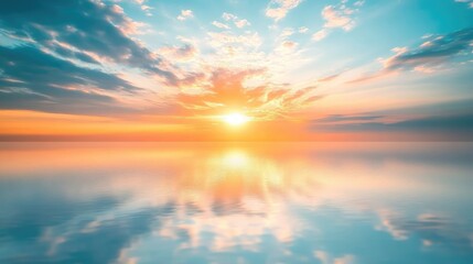 Fototapeta premium Breathtaking Sunrise Over Calm Waters with Vivid Colors and Reflective Sky Illuminating Tranquil Landscape at Dawn
