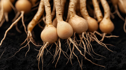 Close-up of maca roots with bulbous ends and long tendrils set against a dark soil background