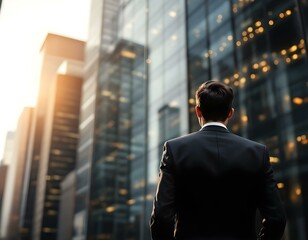 Determined Businessman in Sharp Suit with City Reflection at Golden Hour – Urban Motivation and Ambition Concept