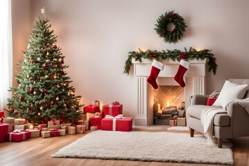 A cozy living room with a christmas tree wrapped presents, Ai Generated