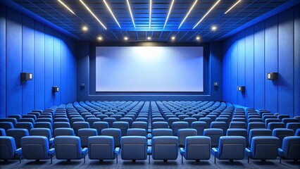 Empty of cinema in blue color with white blank screen. Mockup of hall, no people and auditorium.
