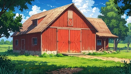 Obraz premium A charming rustic wooden barn with red sliding doors, surrounded by green fields and trees, under a bright blue sk