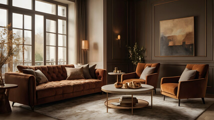 Fototapeta premium living room interior with fireplace, modern living room, cup of coffee on table, relaxing, , ai generated