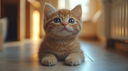 a small funny fluffy kitten lies on a clean floor in a spacious corridor of a large apartment international cat day