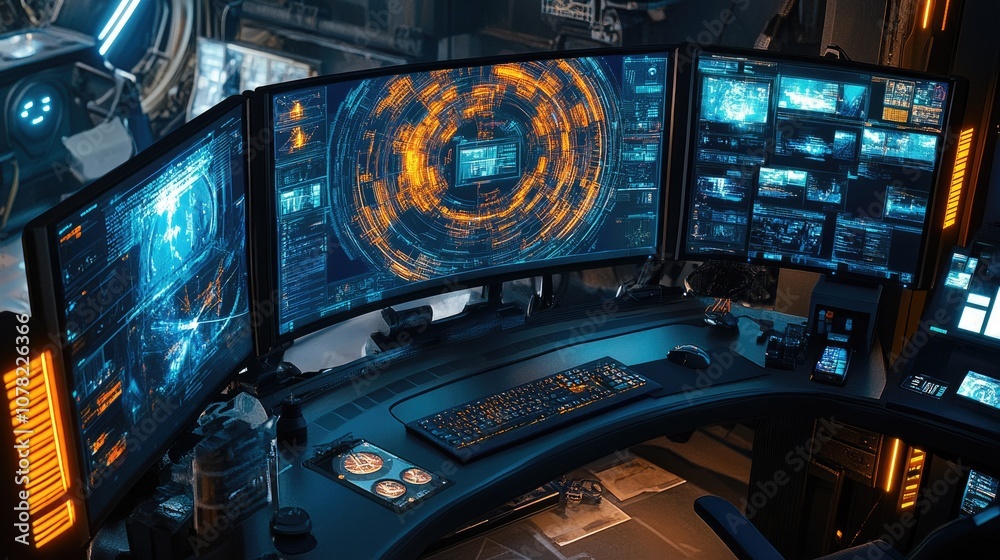 Poster futuristic control room with multiple monitors displaying data, graphics, and notifications in a hig