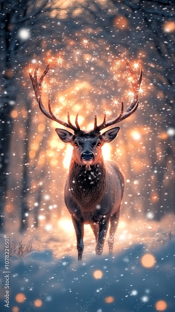 Poster a majestic deer stands in a snowy forest with a magical golden glow behind it, creating a whimsical 