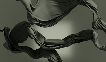 3D display podium, green background with pedestal and flying silk cloth curtain. Nature wind. Beauty, cosmetic product presentation stand. Luxury feminine mockup 3d render advertisement   © kopikoo