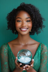 Fototapeta premium Festive Portrait of African American Young Adult Female Wearing Green Holiday Dress Holding Christmas&nbsp;Gift