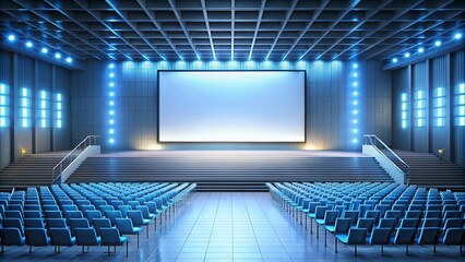 Obraz premium The front view of a big blank white illuminated screen with space for text or logo and blue backlighting is depicted in this 3D rendering, set in an empty hall with a scene, stairs, and rows of seats.