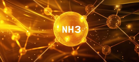 Vibrant depiction of an NH3 molecule, glowing in fiery orange, symbolizing ammonia's energy potential and its importance in chemical processes