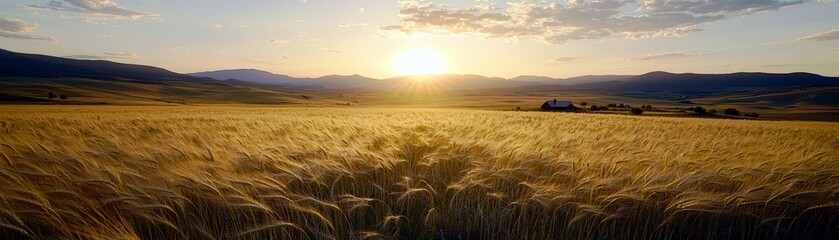 Obraz premium Golden Wheat Field Under Sunset Sky with Rolling Hills, Vibrant Clouds, and Peaceful Farmland Landscape in the Background, Perfect for Nature and Agriculture Themes