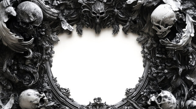 A black framed picture with skulls and bones