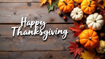 Festive happy thanksgiving banner design with a rustic feel and colorful autumn elements.