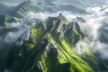 An ancient mountain range with high cliffs and verdant grasslands. The camera zooms in from above...