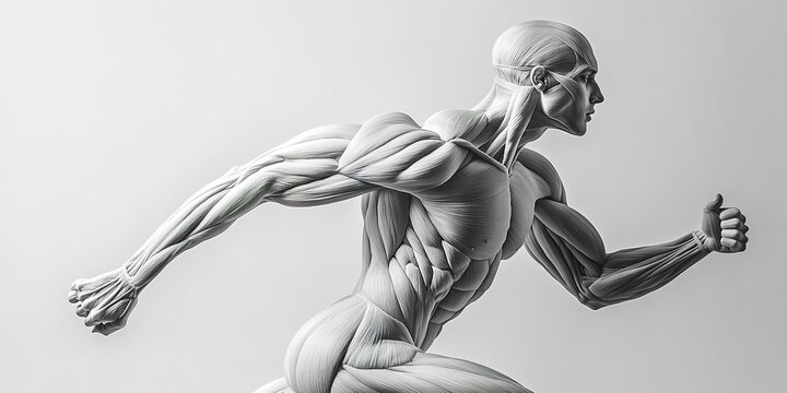 Monochrome image of muscular running man showcasing anatomy