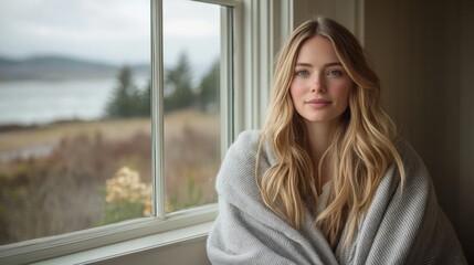 Cozy Indoor Portrait of a Woman Wrapped in a Blanket by the Window
