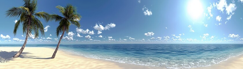 Fototapeta premium Serene Tropical Beach with Palm Trees and Crystal Clear Water Under a Bright Blue Sky and Fluffy White Clouds, Perfect for Relaxation and Vacation Imagery