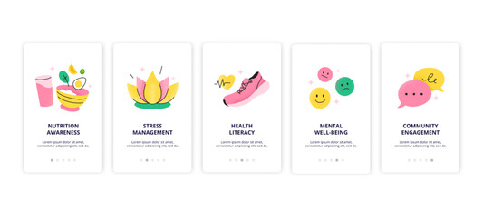 Wellness icons for nutrition, stress management, health, mental well-being, and social engagement. Various symbols of happiness and mindfulness. Vector flat illustrations.