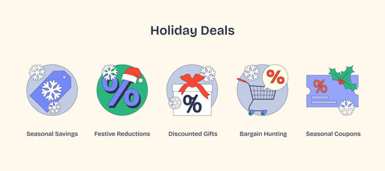 Holiday Deals icons show festive symbols like tags, gifts, and shopping carts, emphasizing discounts and savings. Neubrutalism style