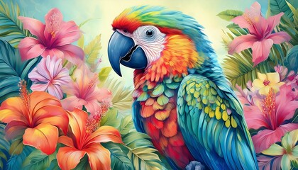 Obraz premium コンゴウインコと熱帯の花々のイラスト（Illustration of macaw and tropical flowers.） 