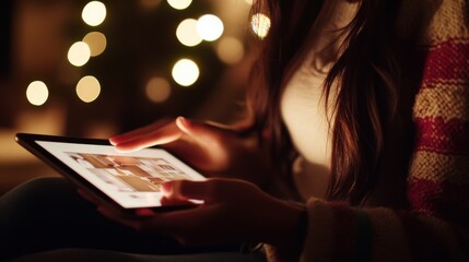 Hands Holding Tablet Showing Living Room Layout