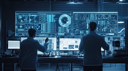 Two People Working In A Modern Data Center With Large Monitors