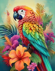 Fototapeta premium コンゴウインコと熱帯の花々のイラスト（Illustration of macaw and tropical flowers.） 
